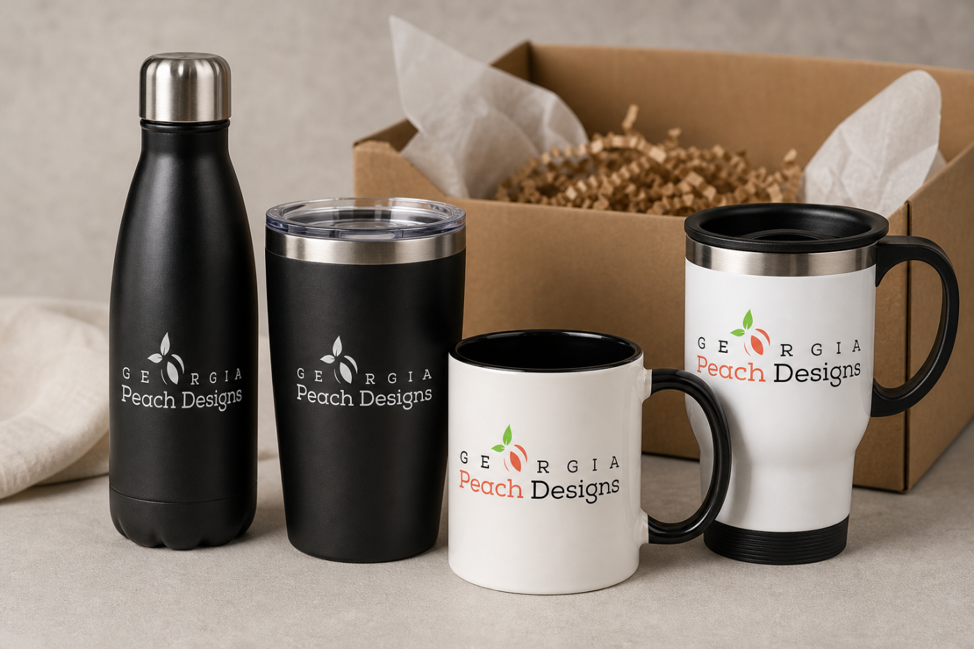 Corporate gift sample of mugs and tumblers